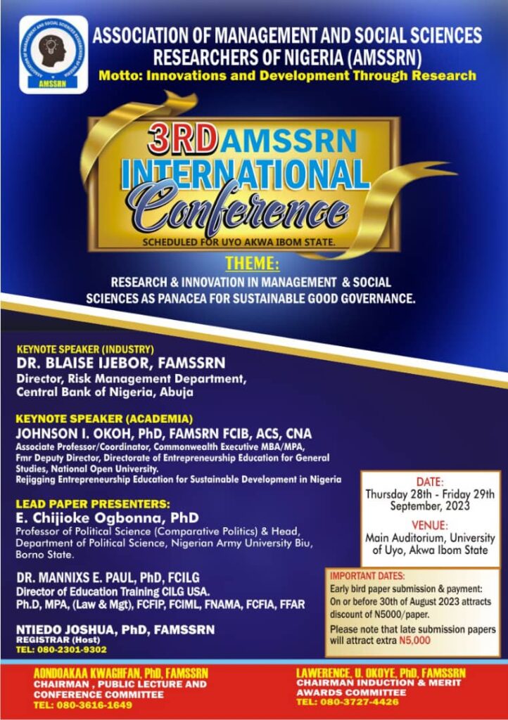 Flyer with theme and participatory details for the upcoming AMSSRN international conference to be held at Uyo, Akwa Ibom State from 28th to 29th September, 2023.