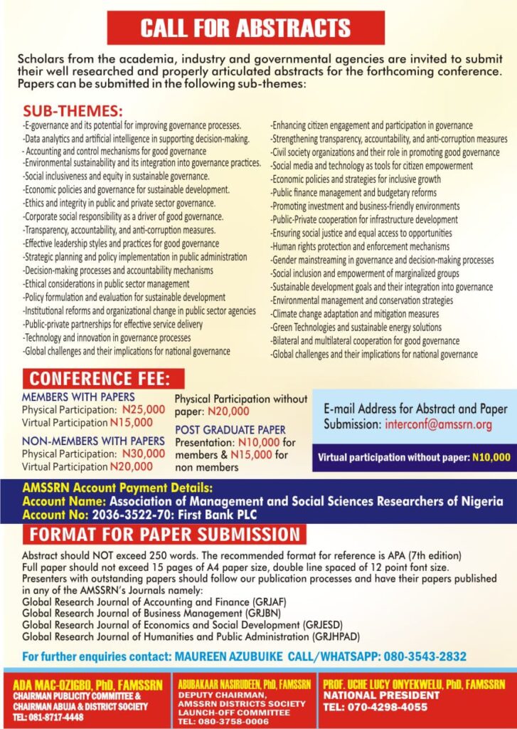 Call for Abstract flyer for the upcoming AMSSRN international conference to be held at Uyo, Akwa Ibom State from 28th to 29th September, 2023.