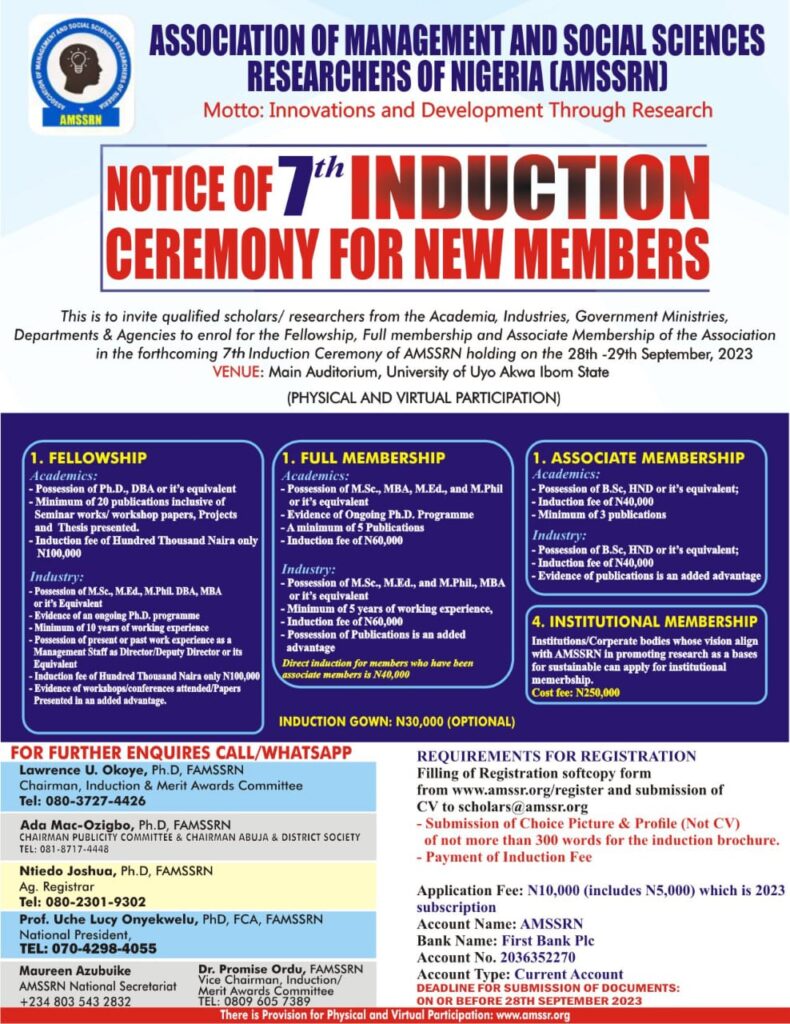 Flyer announcing upcoming 7th Induction Ceremony to be held from 28th to 29th September, 2023 at Uyo, Akwa Ibom State.